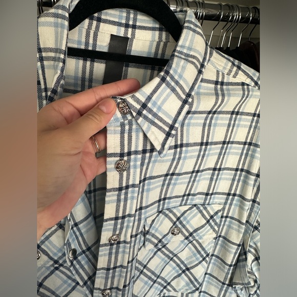 Chrome Hearts Flannel Plaid Shirt Unisex Size Medium Oversized Light Blue Navy - Picture 9 of 16